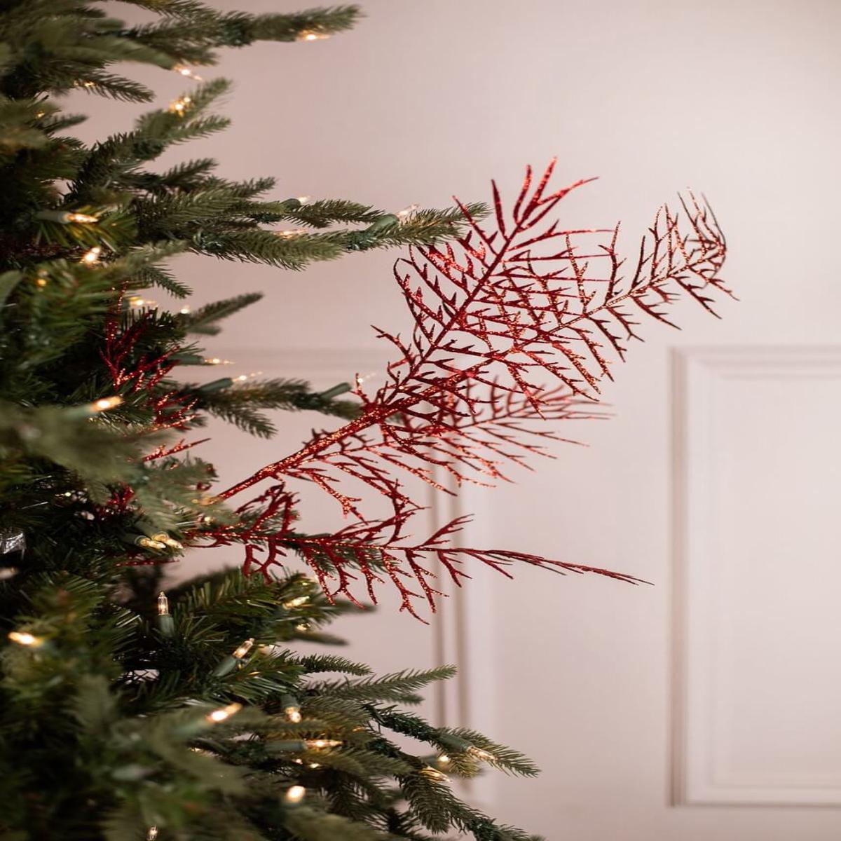 38 Inch Red Glitter Dragon Fern Spray Decorative Christmas Stem