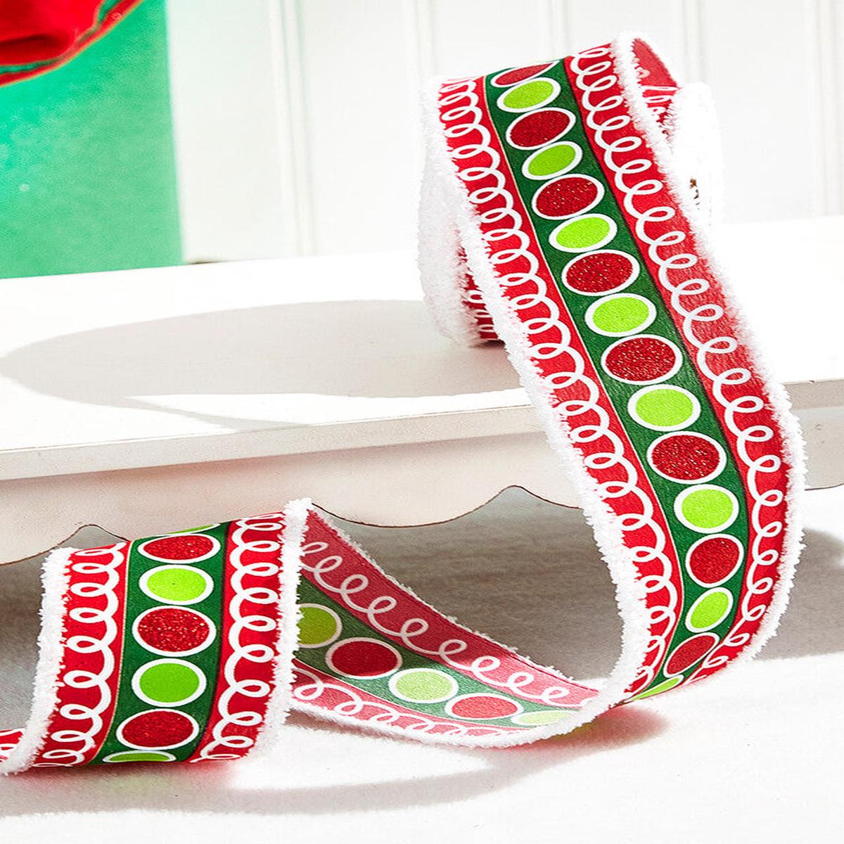 Red Green Glitter Stripe Circle Ribbon 2.5 Inch 10 Yard