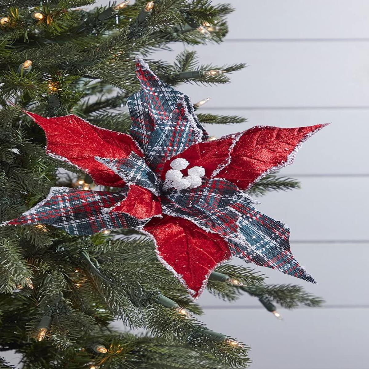 Red Plaid Poinsettia Pick 19 Inch Farmhouse Christmas Decor