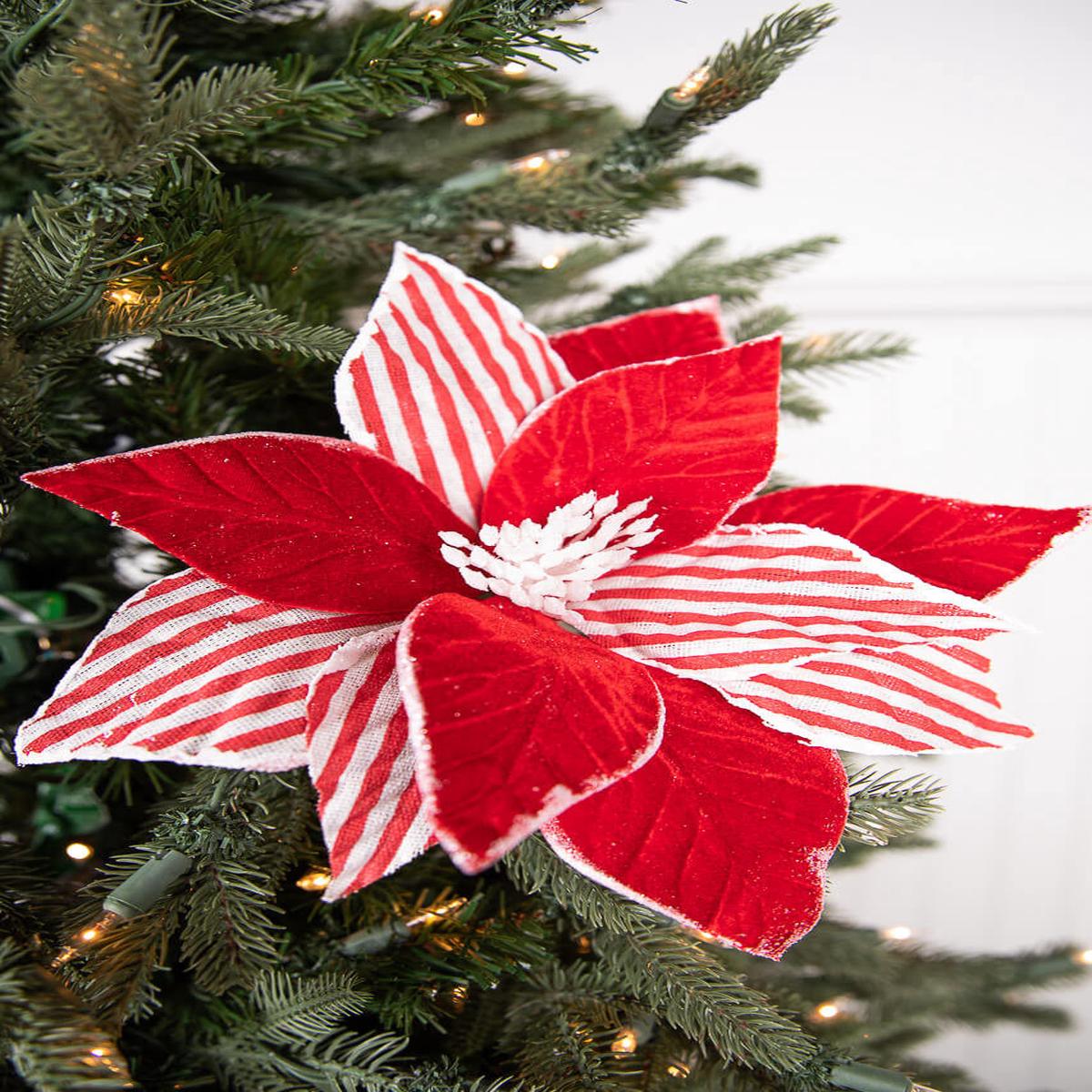 Red White Poinsettia Stem 22 Inch Christmas Floral Decor