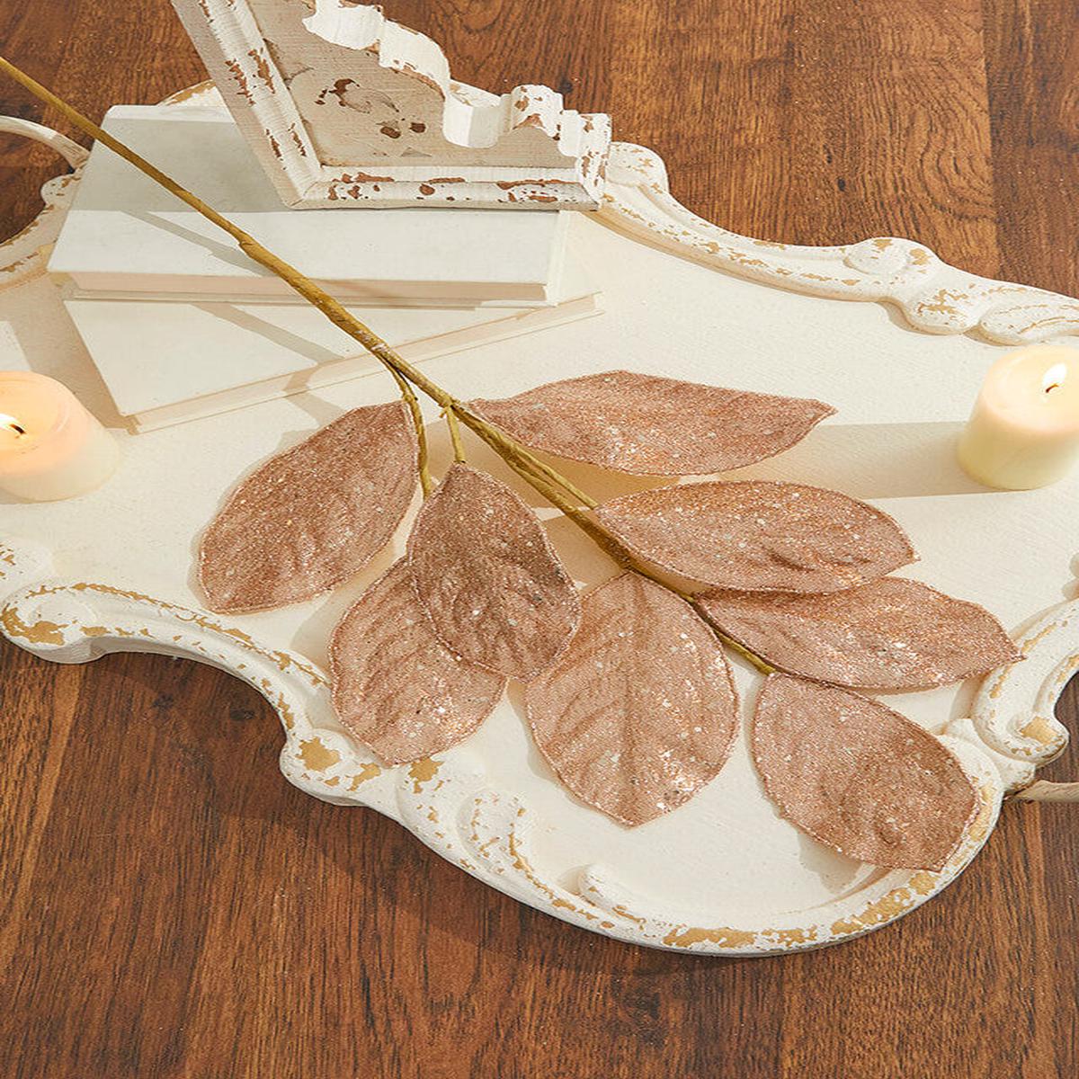 Rose Gold Micro Beaded Sequins Magnolia Leaf Spray  Elegant Luxury Holiday Sparkle