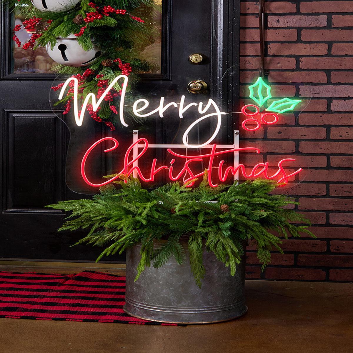 21.5 Inch Merry Christmas Lit Neon Metal Yard Stake Festive Outdoor Holiday Sign
