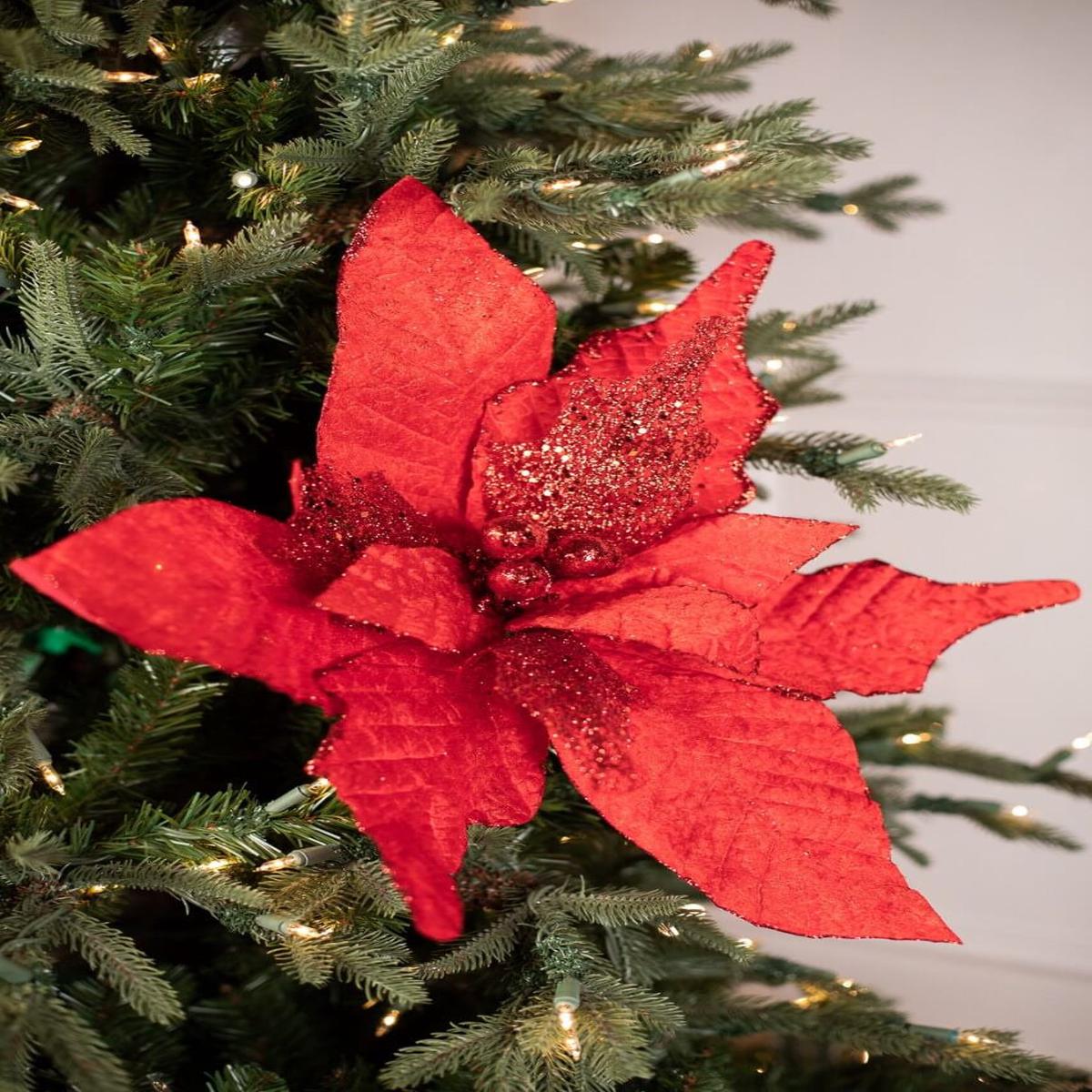 21 Inch Giant Velvet Glitter Poinsettia Stem