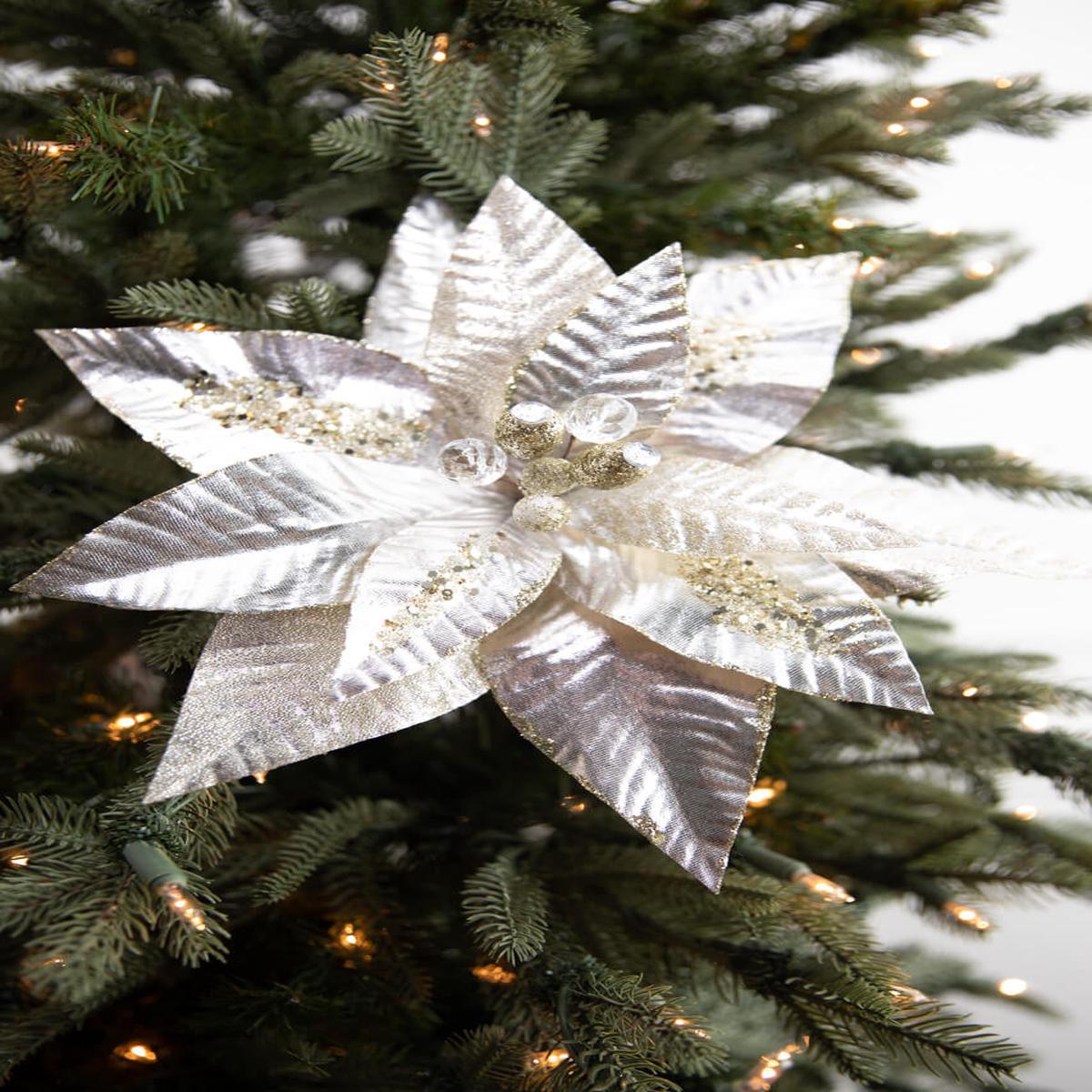 22 Inch x 12 Inch Metallic Poinsettia Stem Christmas Decor Elegant