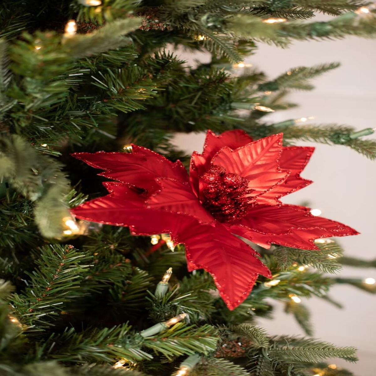 Red Metallic Glitter Edge Poinsettia Stem 22 Inch Christmas Decor