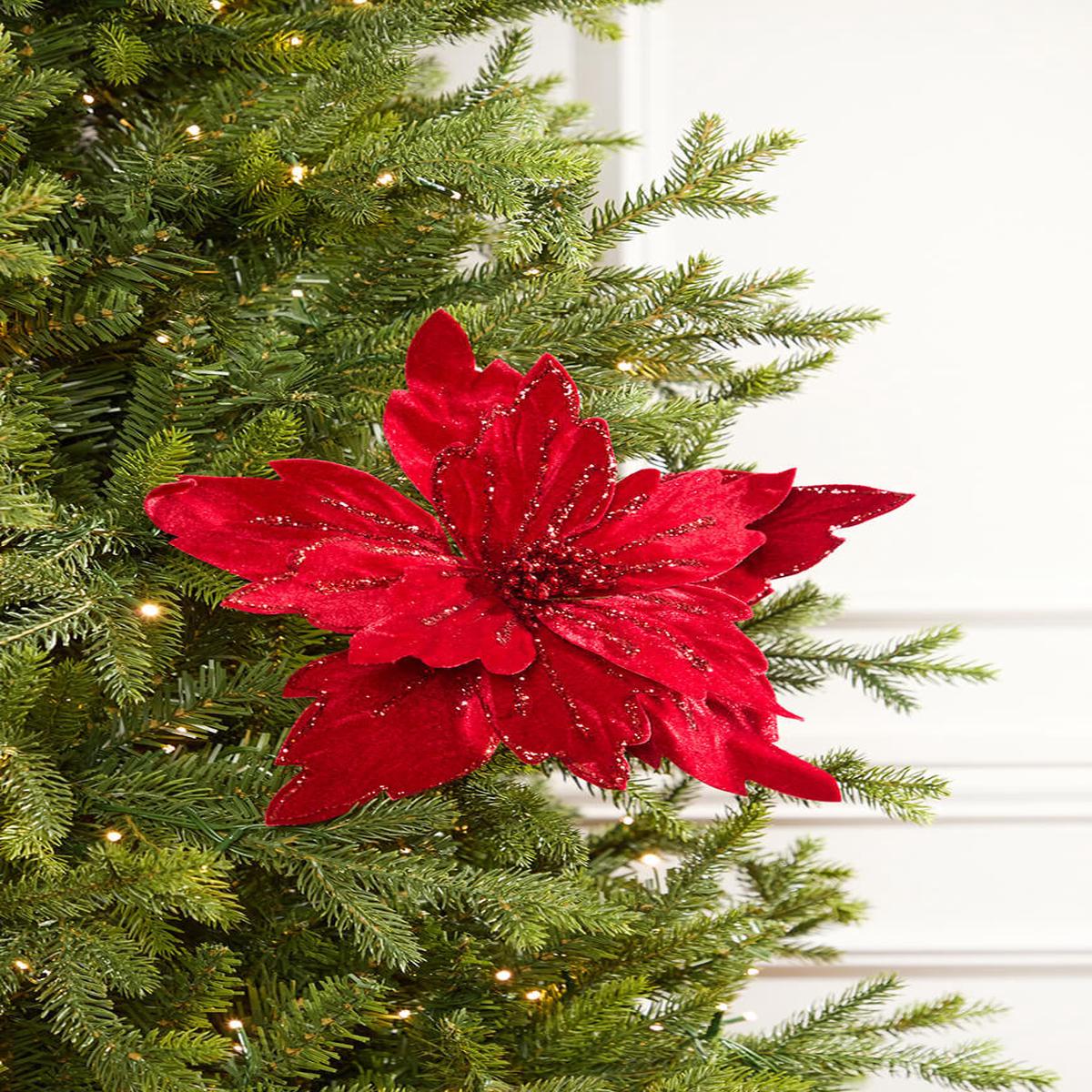 Red Velvet Glitter Poinsettia Stem 19 Inch Christmas Floral Decor