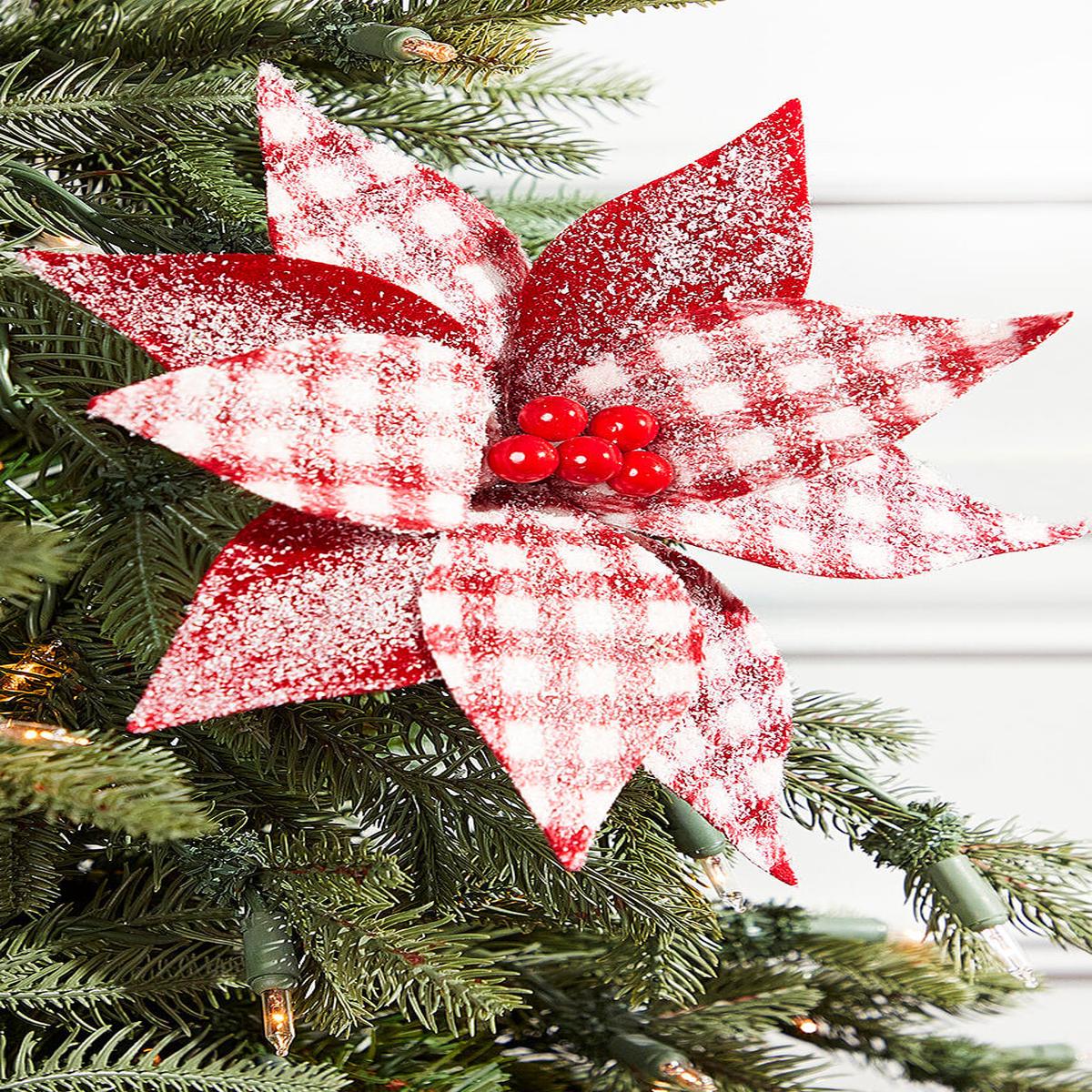Red White Poinsettia Stem with Berries 21 Inch Christmas Decor
