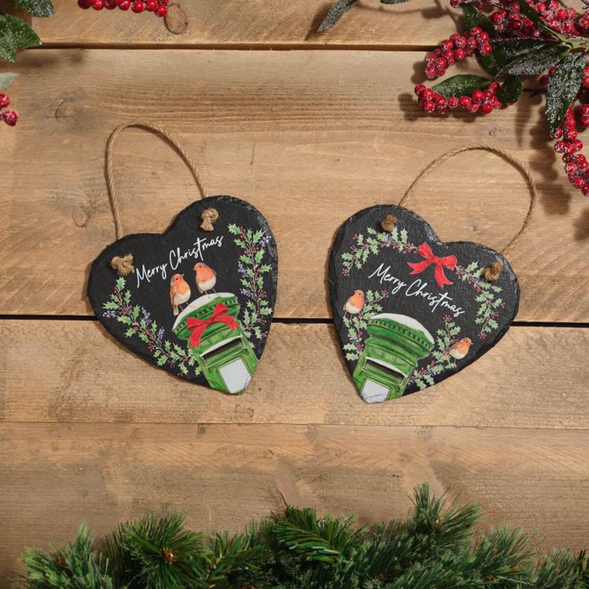 Slate Heart Shaped Decoration - Robin & Post Box