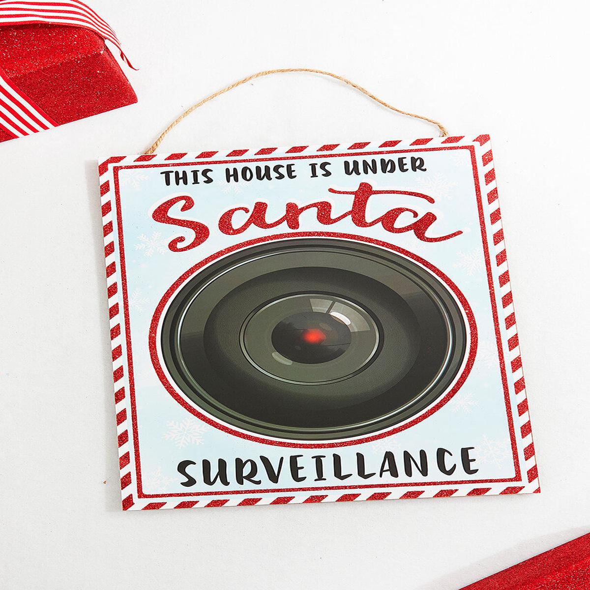 White Santa Surveillance Sign 16x12 Peppermint Christmas Decor