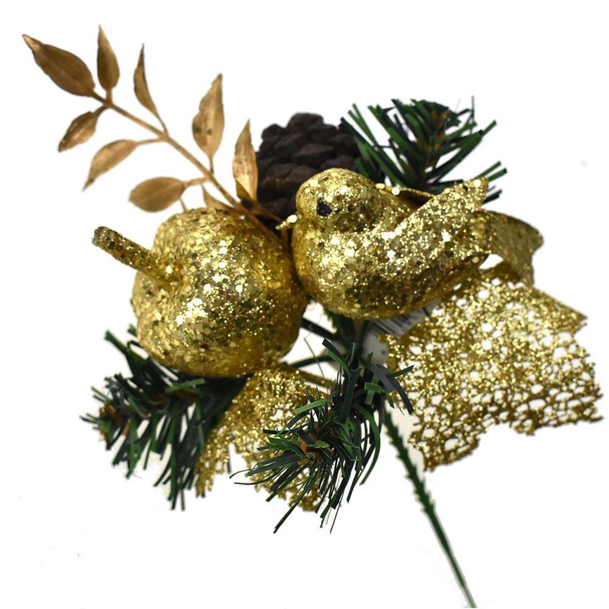 Gold Glitter Cardinal, Fruit and Leaves Spray, 7-1/2-Inch