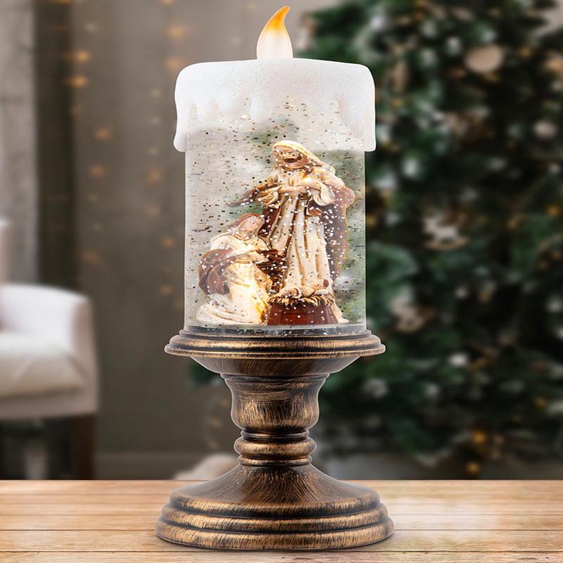 Nativity Pedestal Candle Glitter Swirl Christmas Decoration 28cm