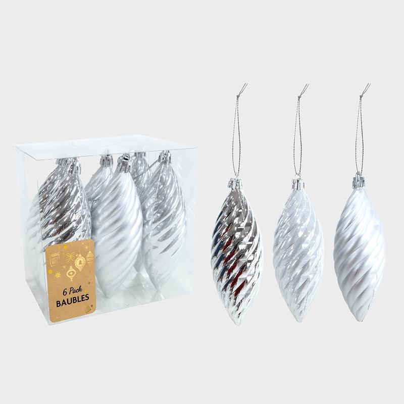6pk Silver Spiral Bauble 12cm