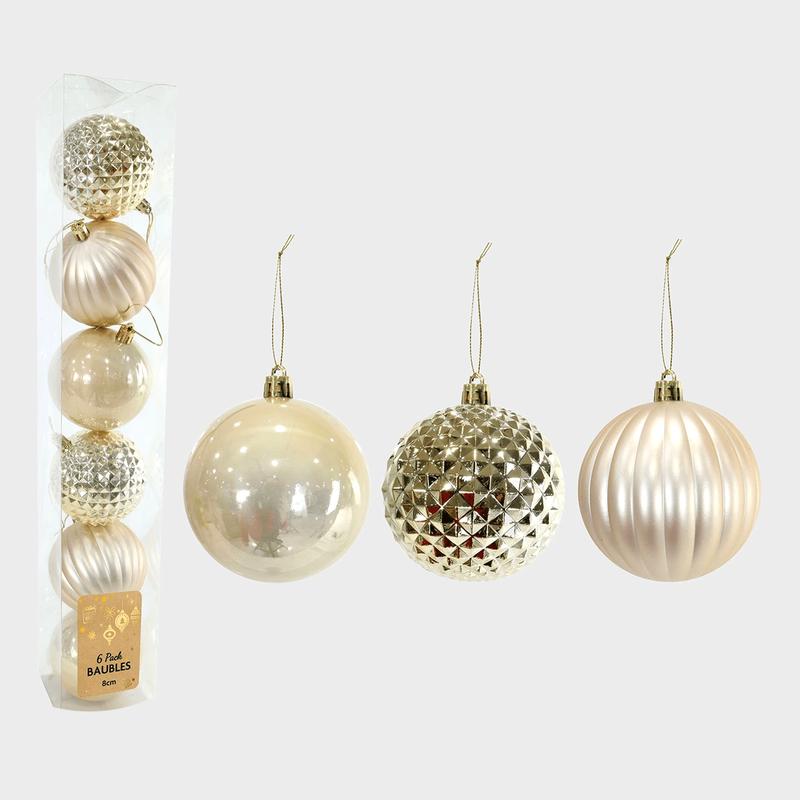 6pk Champagne Baubles 80mm