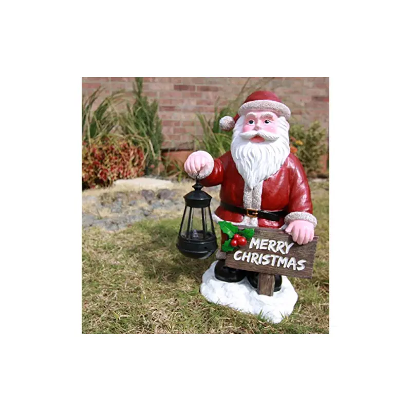 Ebros Jolly Seasons Merry Christmas Santa Claus Holding Greeting Sign Decorative Statue With Solar LED Light Lantern Lamp 16.5