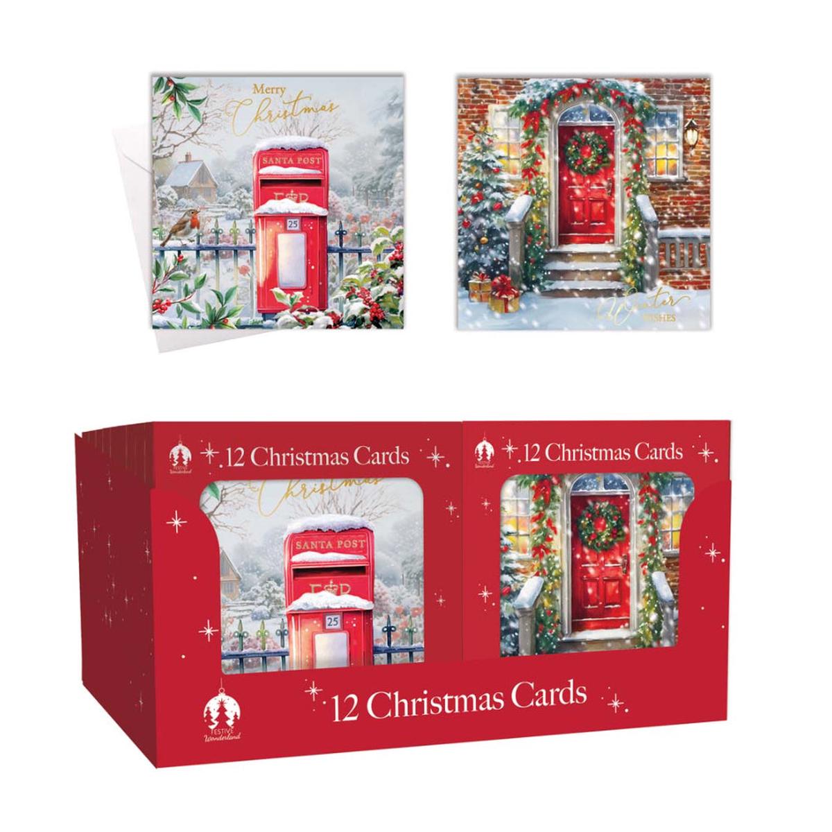 Festive Wonderland Post Box & Door Christmas Cards | Pack of 12, Assorted Designs