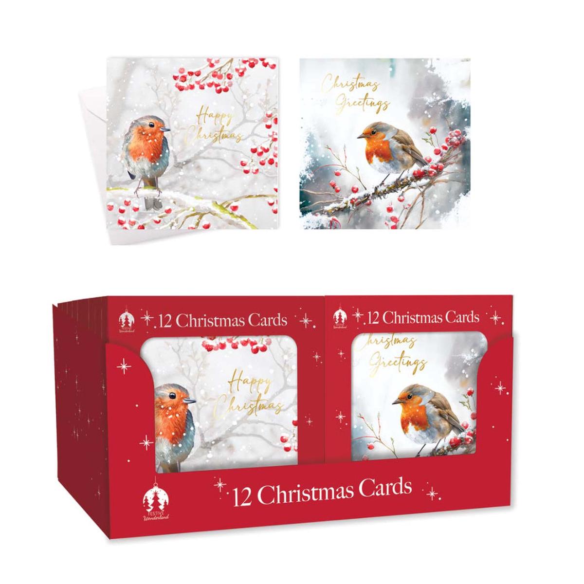 Festive Wonderland Robin and Holly Christmas Cards | 12 Cards, Assorted Designs