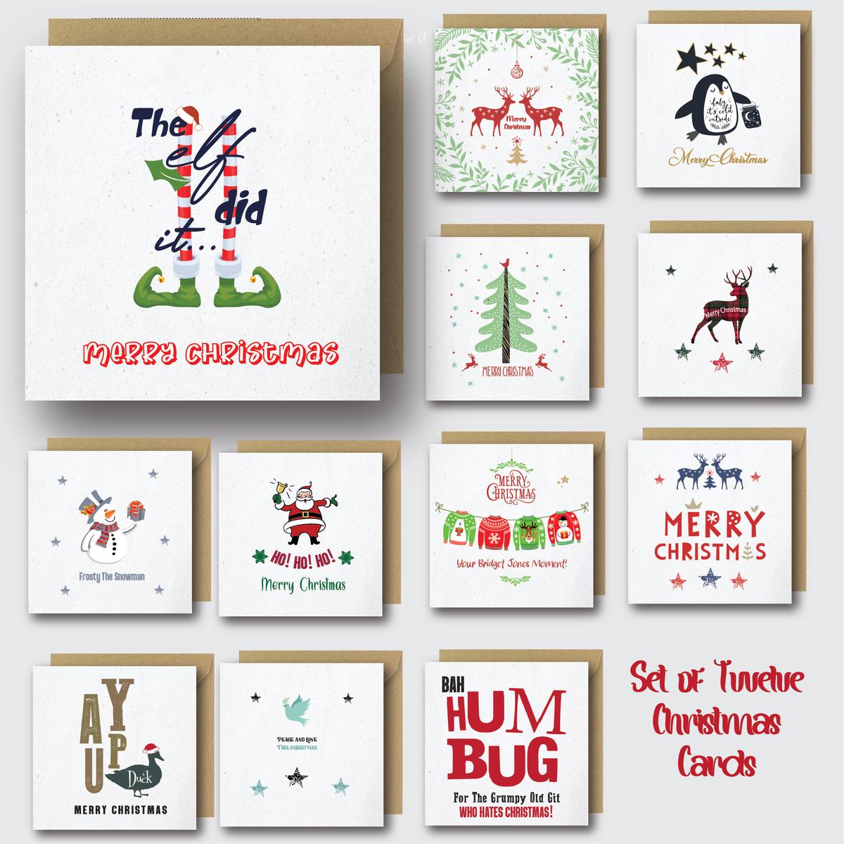 Illustrated Mix of 12 Christmas Cards by SJH Designs