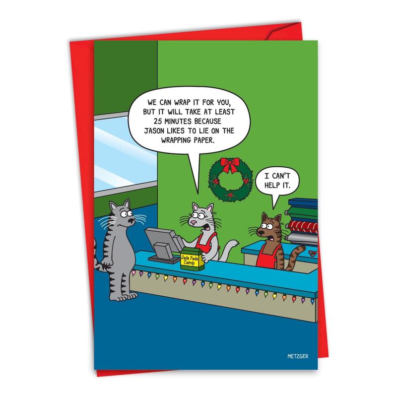 Lie On The Wrapping Paper Christmas Card