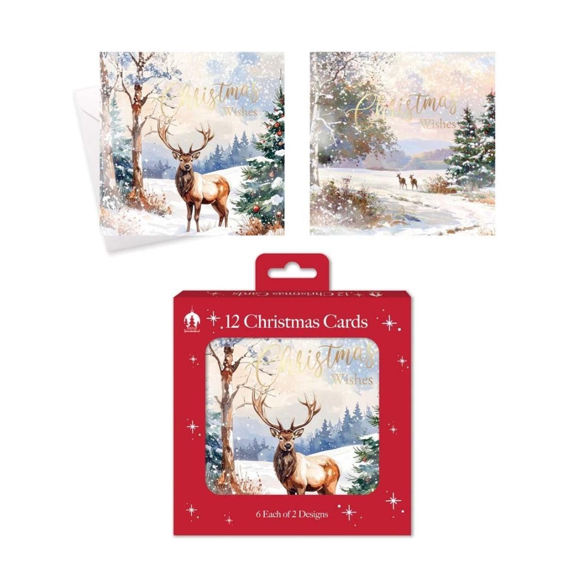 Festive Wonderland Deer Scene Christmas Cards | Pack of 12, Assorted Designs