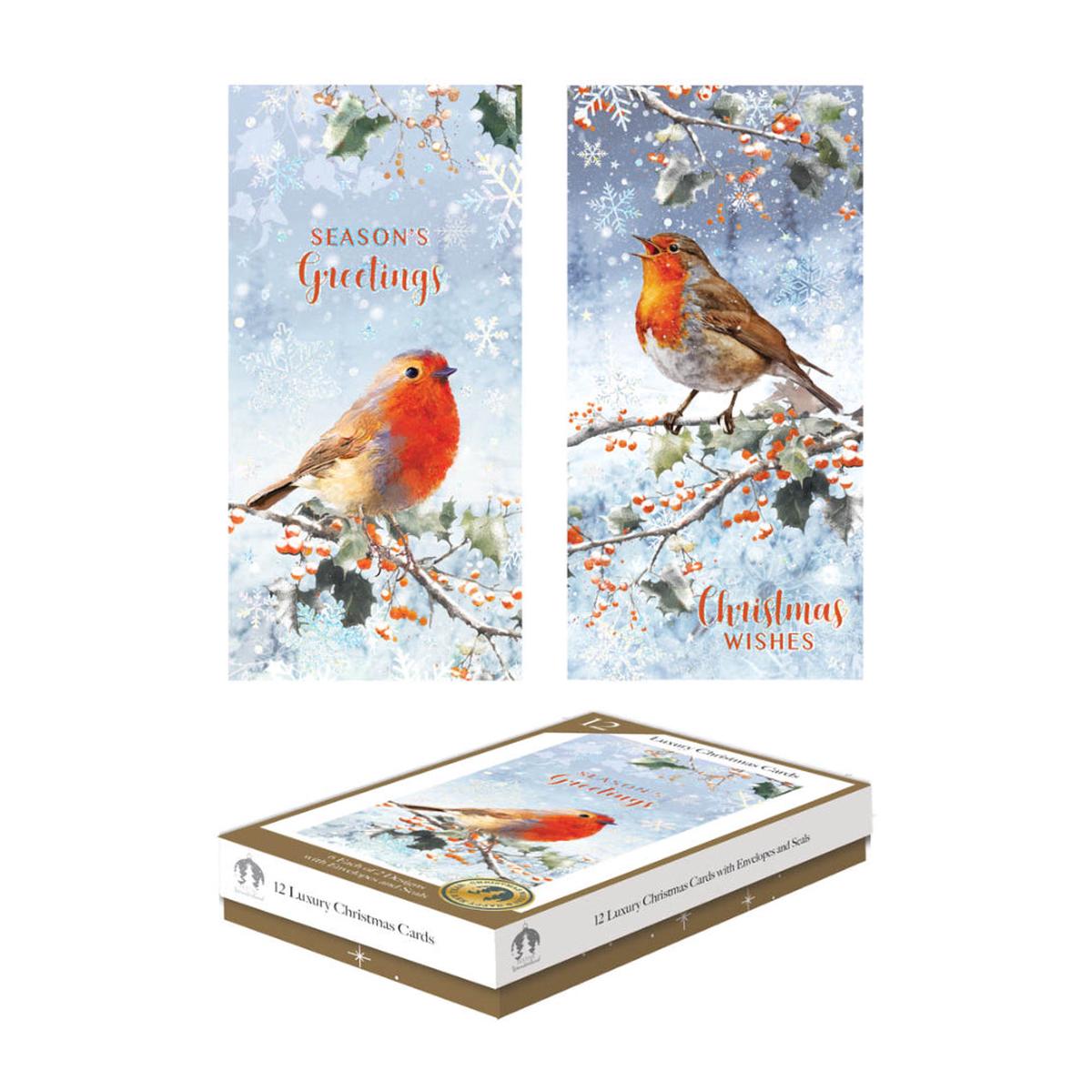 Festive Wonderland Luxury Christmas Cards | Pack of 12, Assorted Robin Designs