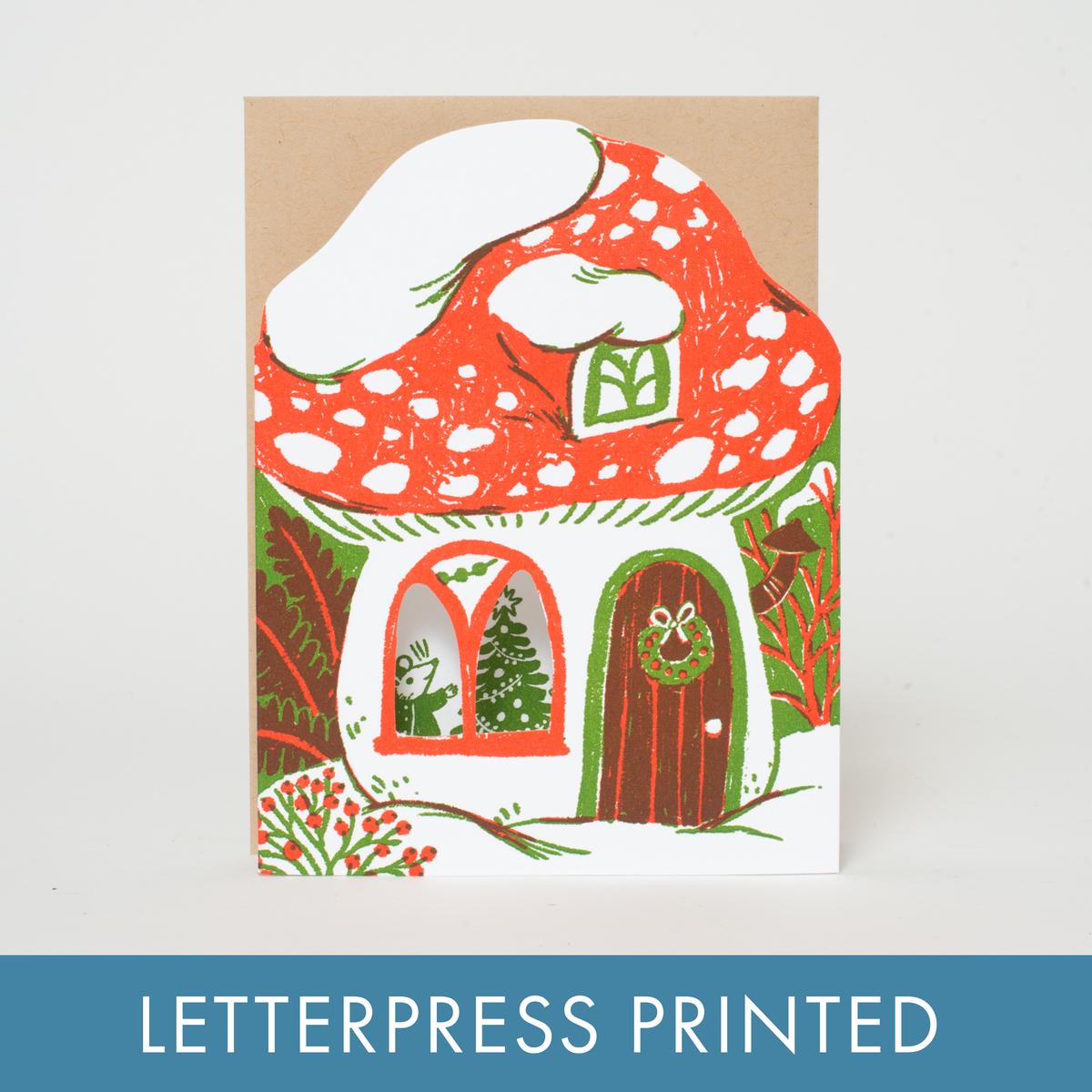 Merry Mushroom House Letterpress Holiday Greeting Card -Phoebe Wahl: Box set