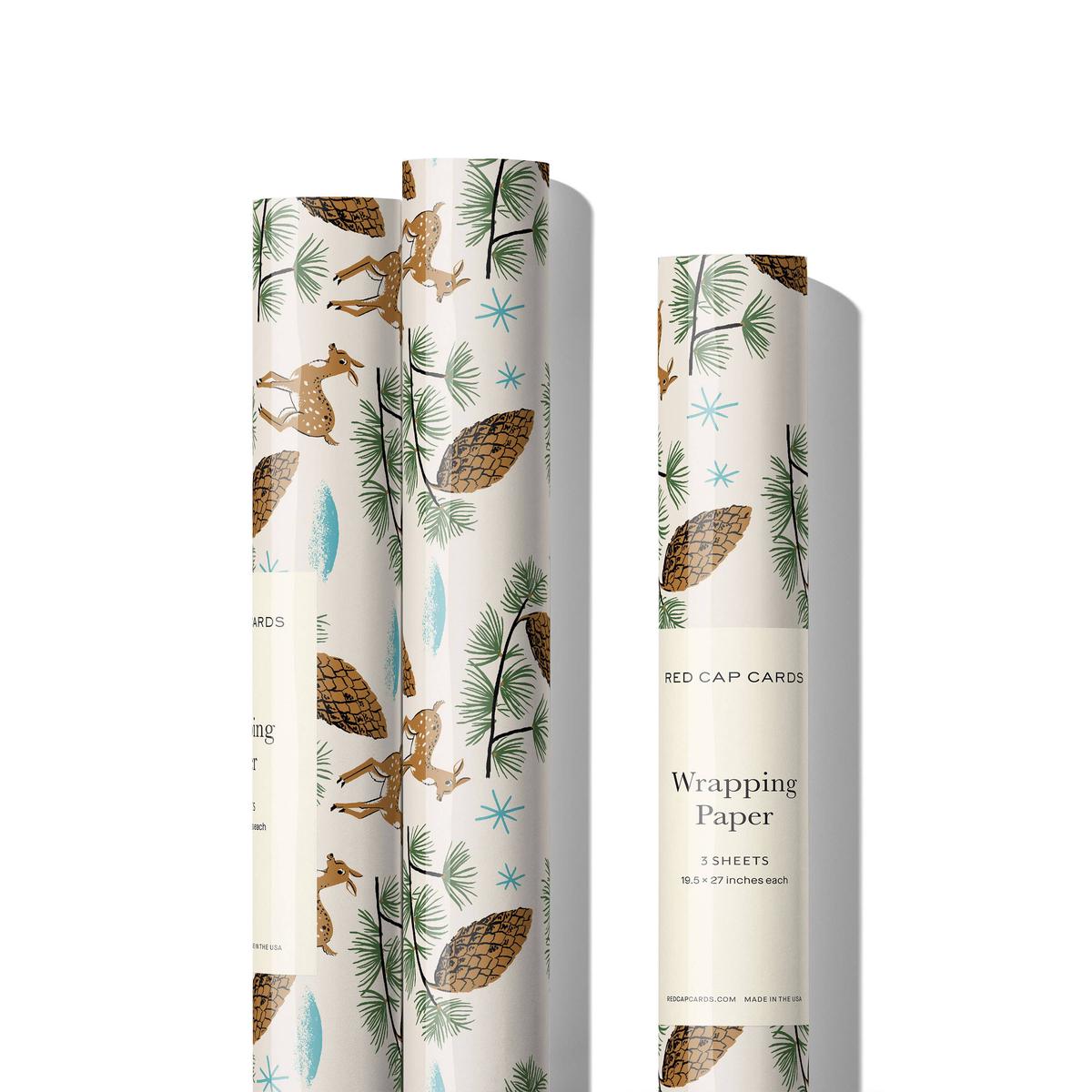 Deer and Pine Cones holiday wrapping paper -rolls of 3 sheets