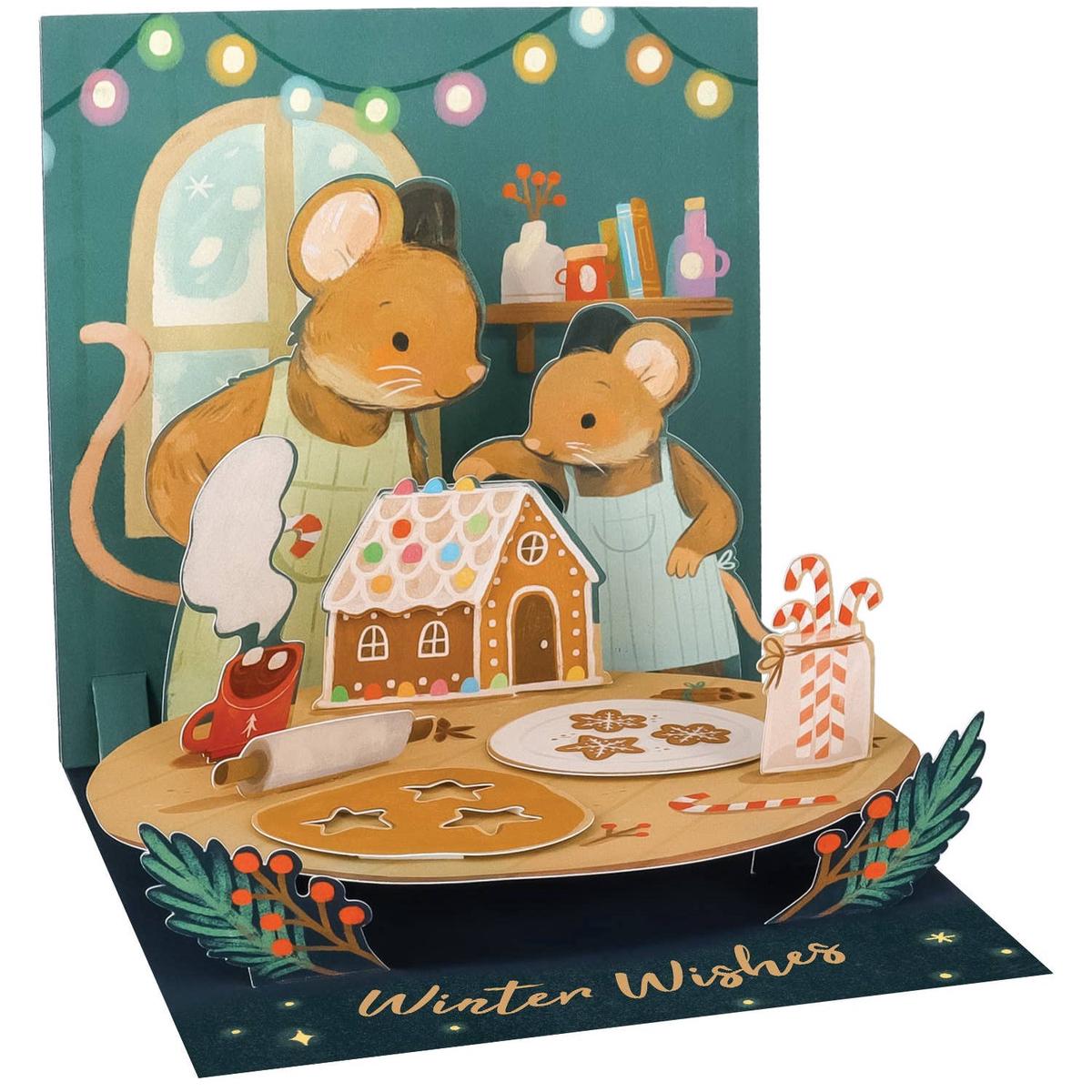 Festive Holiday Mouse Pop-up Card with Gingerbread House