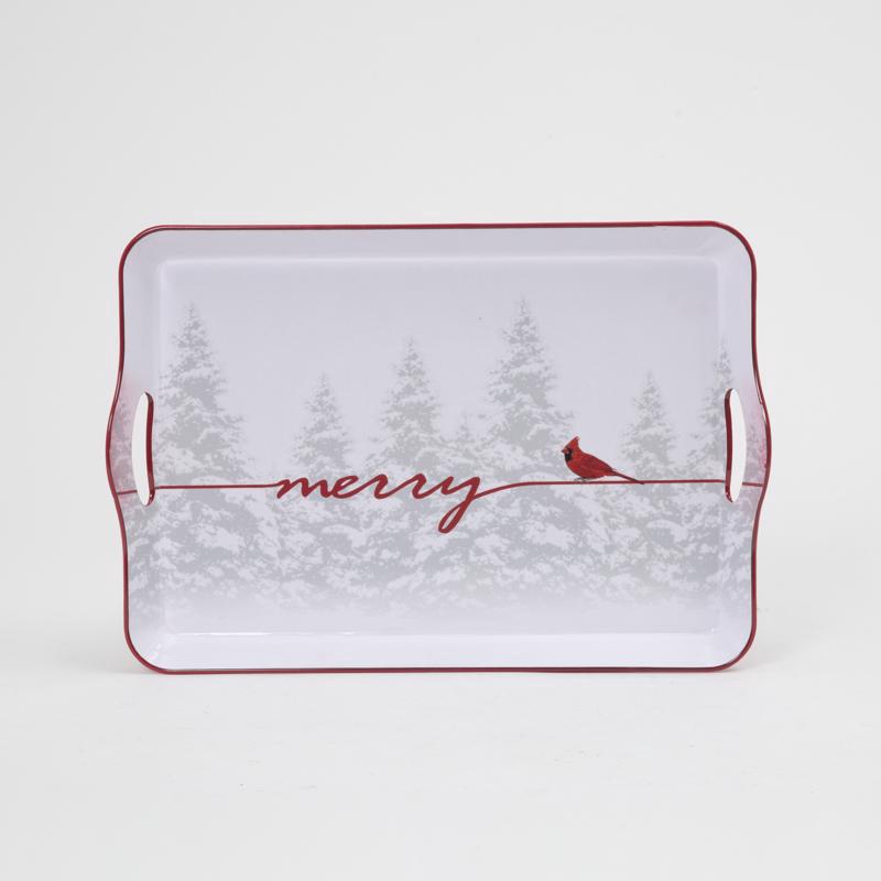 Gerson 2695240 Merry Christmas Cardinal Tray White