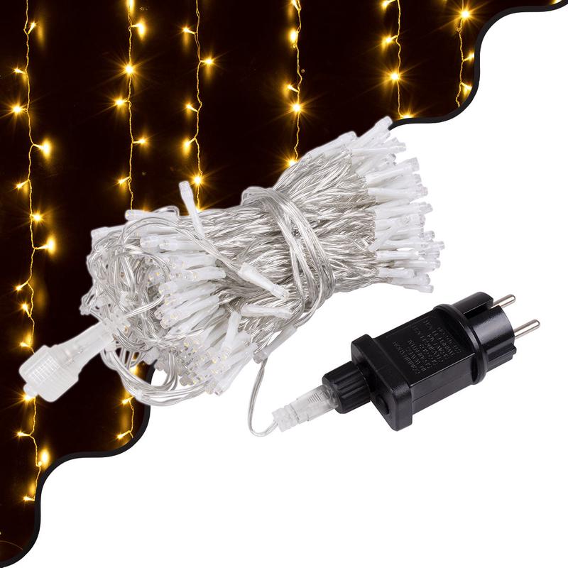 85826 Decorative Curtain 3 x 3 Meters with Controller 8 Lighting Programs - Expandable 300 LED 3.6W AC 230V with Transparent Cable & Schuko Socket Waterproof IP44 Warm White 2700K L3 x H3m - Default T