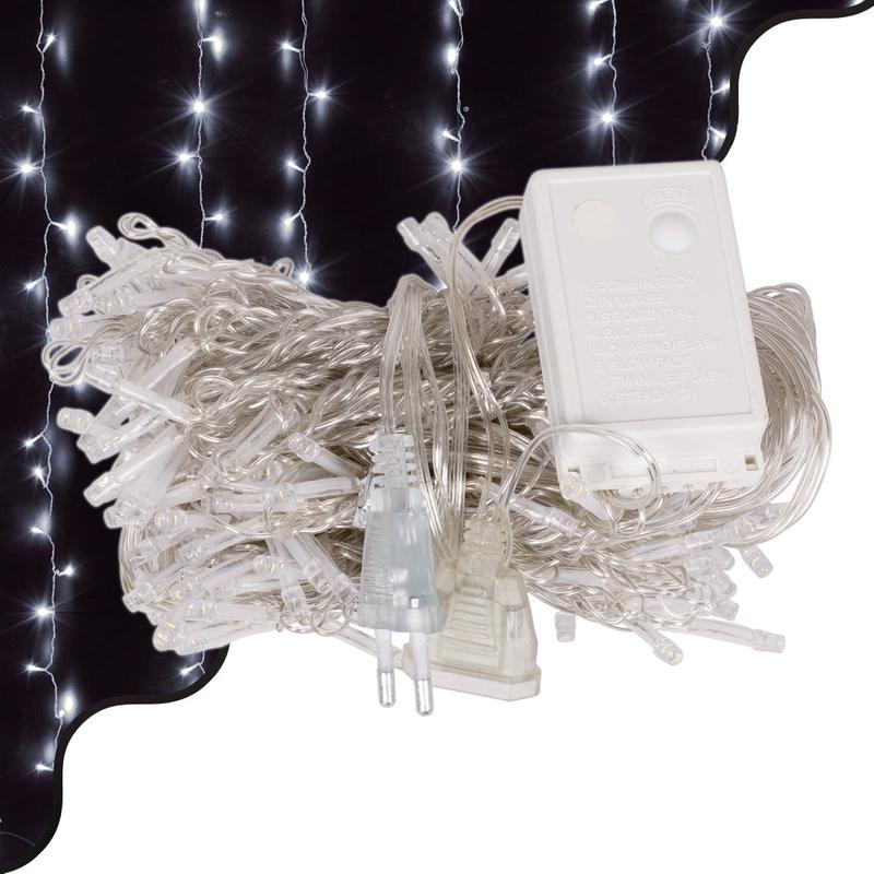 85801 Decorative Curtain 3 x 2 Meters with Controller 8 Lighting Programs - Expandable 240 LED 6W AC 230V with Transparent Cable & Schuko Socket IP20 Cool White 6000K L3 x H2m - Default Title