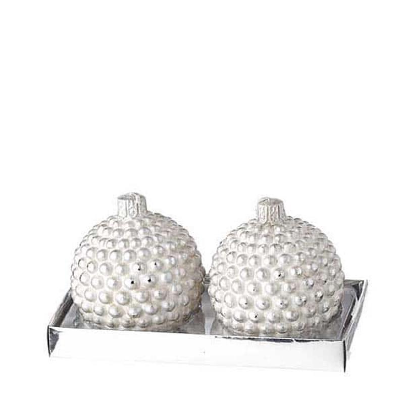 Ball Candle White-Silver with Pearls 8cm S/2 - Default Title