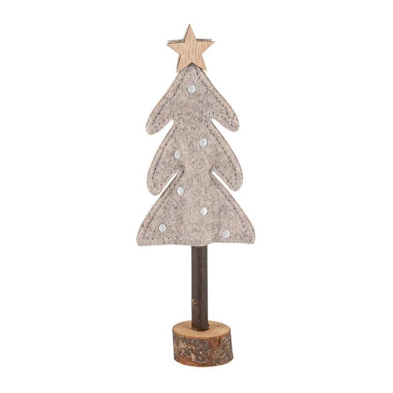 Tree with Star on Wooden Base, Tan Felt and White Embroidered Decoration 8x21cm - Default Title