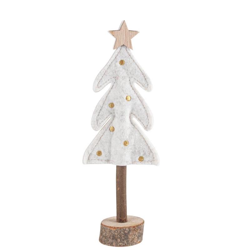 Tree with Star on Wooden Base White Felt and Gold Embroidered Decoration 8x21cm - Default Title