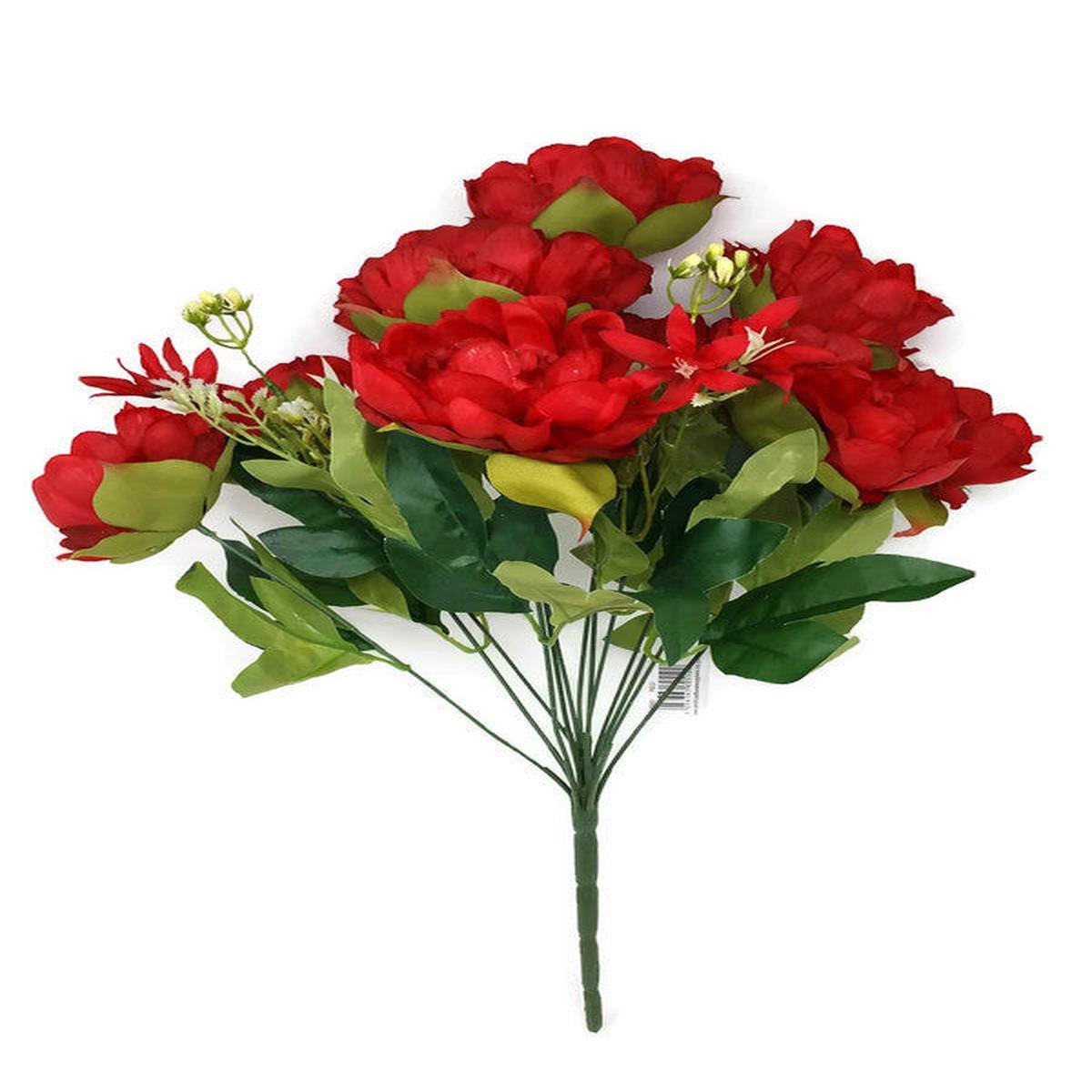 10 Head Peony & Blossom Bush x 46cm - Red
