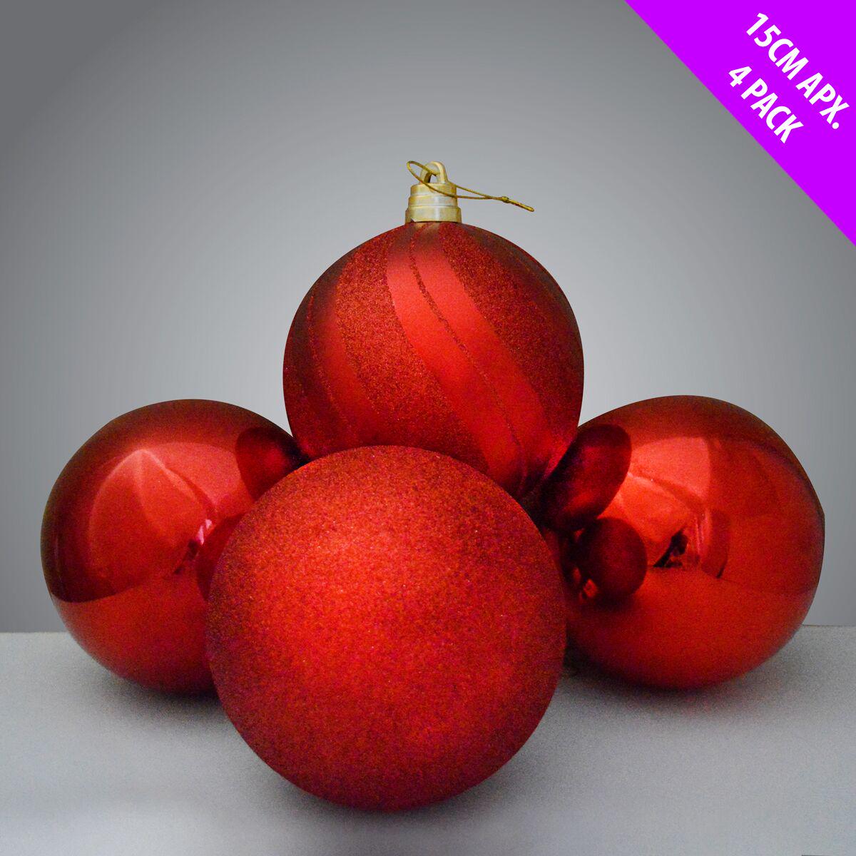 4 Giant Glittered And Shiny  Baubles x 15cm - Red
