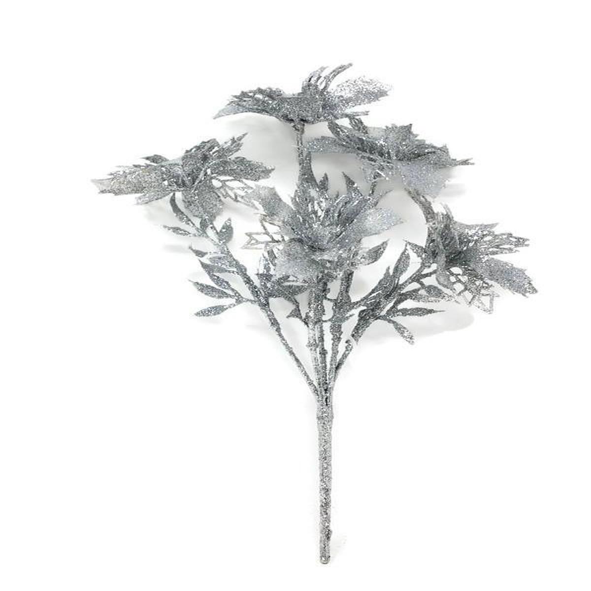 5 Head Glittered Poinsettia Flower Bush - Silver