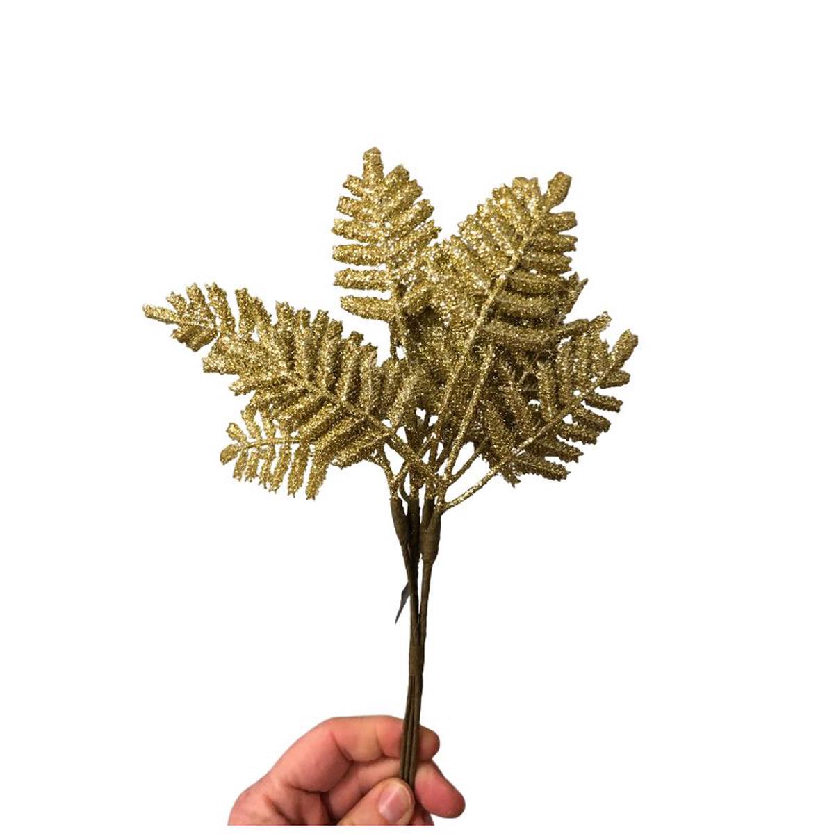 5 Stem Glitter Fern Bundle x 31cm - Gold