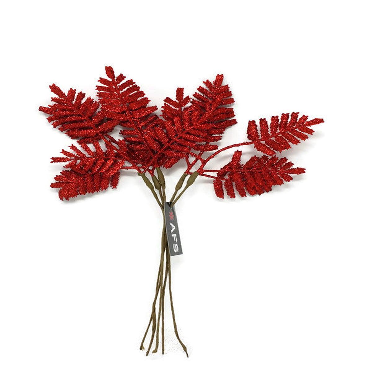 5 Stem Glitter Fern Bundle x 31cm - Red