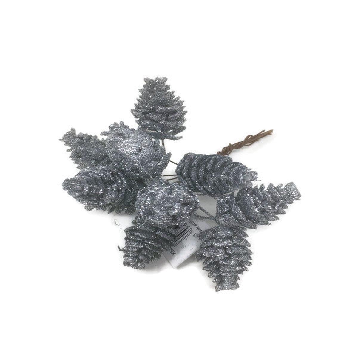 6 piece Mini Glitter Pinecone Wire Pick Bundle x 14cm - Silver