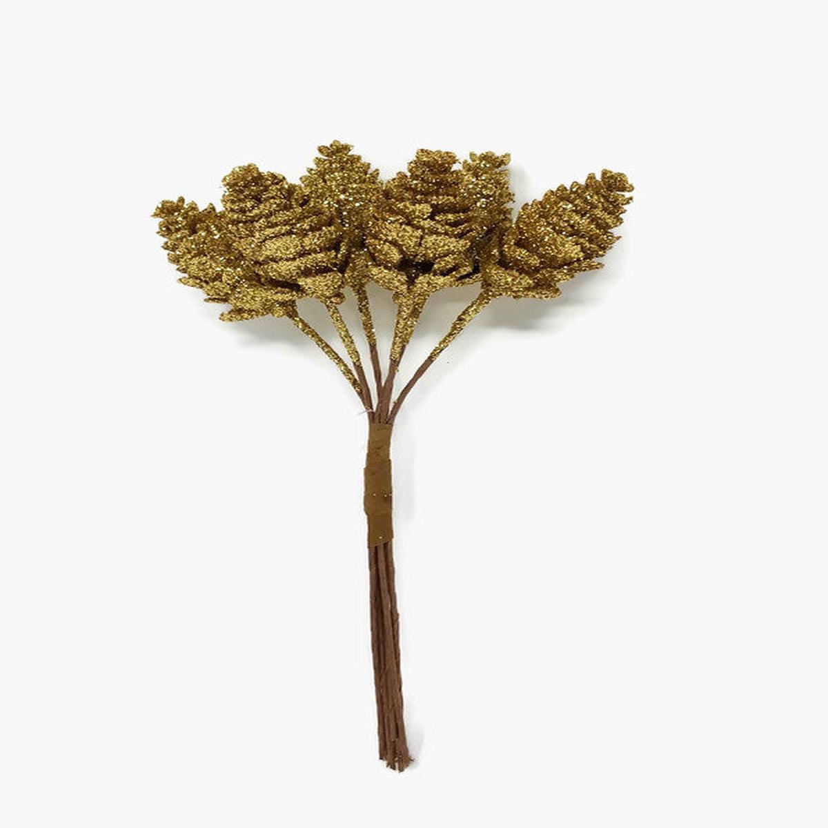6 piece Mini Glitter Pinecone Wire Pick Bundle x 16cm - Gold