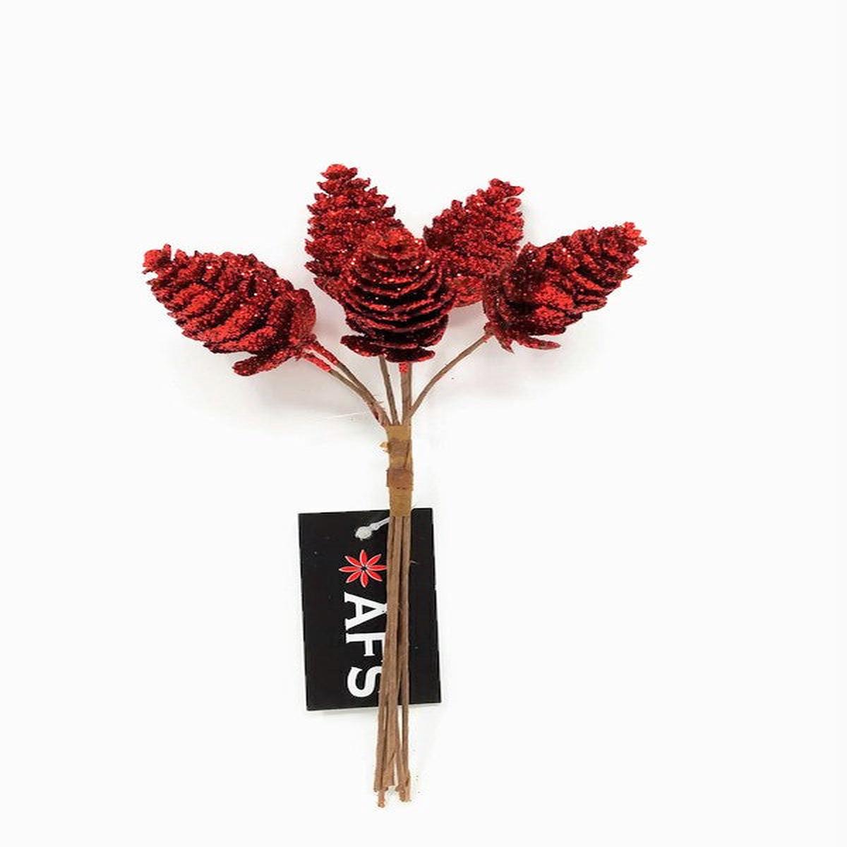 6 piece Mini Glitter Pinecone Wire Pick Bundle x 16cm - Red