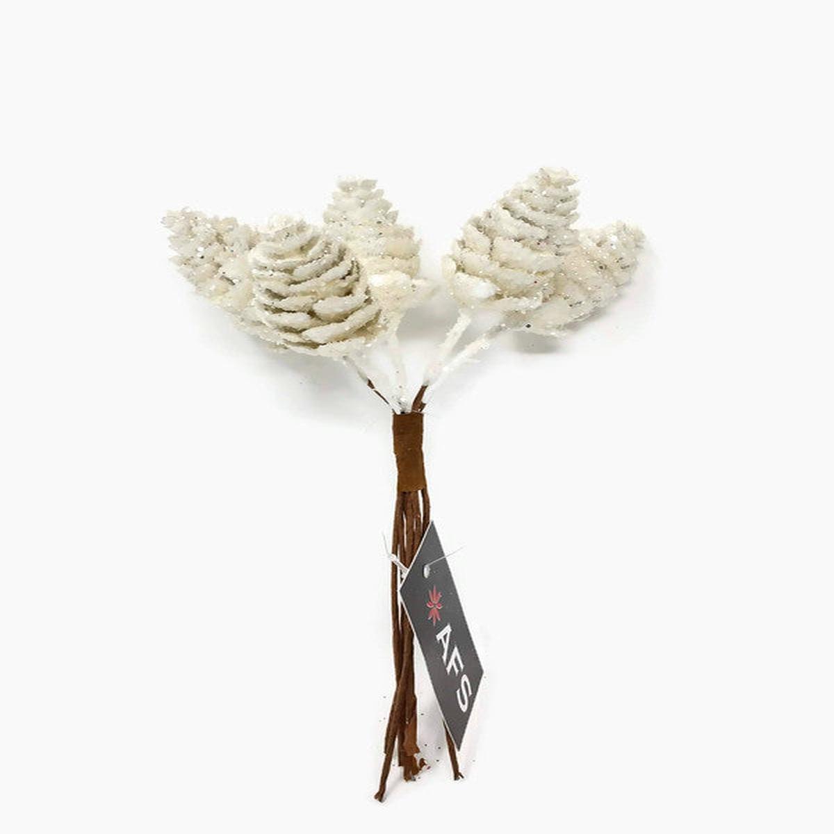 6 Piece Mini Glitter Pinecone  Wire Pick Bundle x 16cm- white