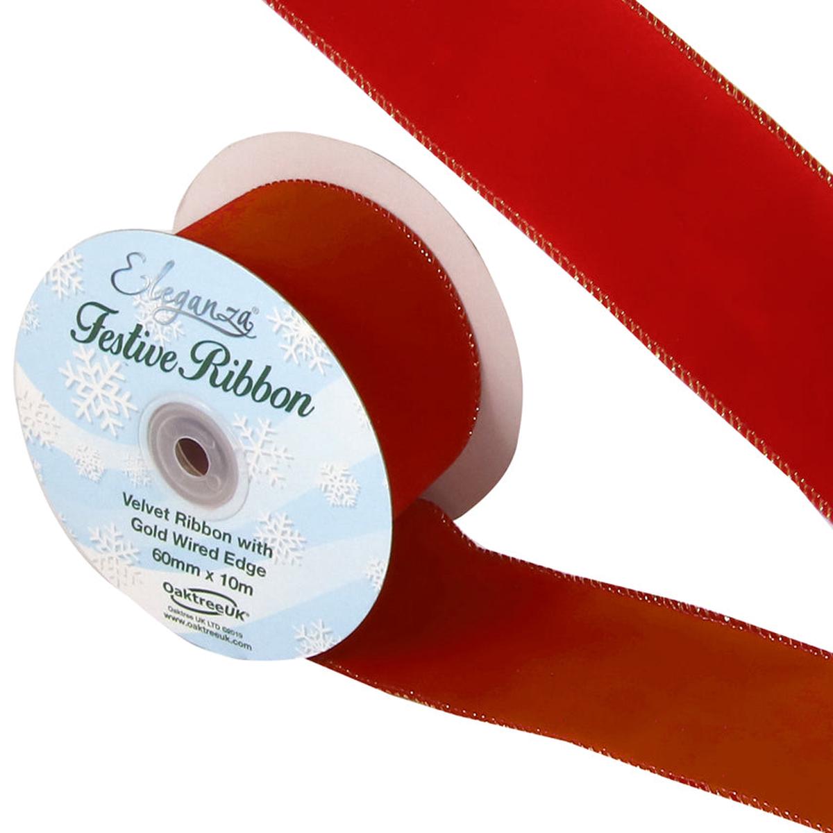 60mm x 10m Red Velvet Ribbon with Wired Edge