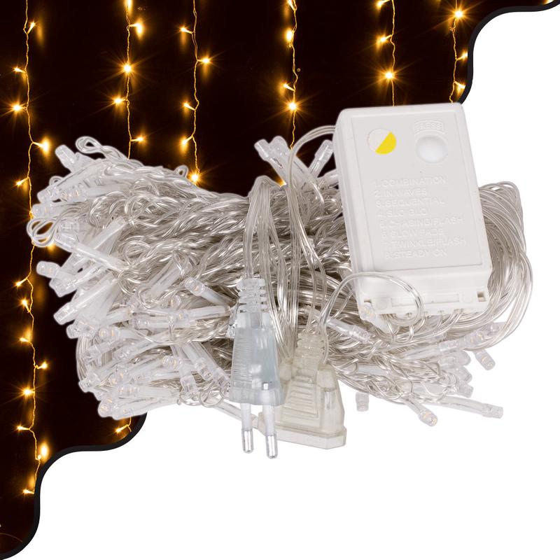 85800 Decorative Curtain 3 x 2 Meters with Controller 8 Lighting Programs - Expandable 240 LED 6W AC 230V with Transparent Cable & Schuko Socket IP20 Warm White 3000K M3 x H2m - Default Title