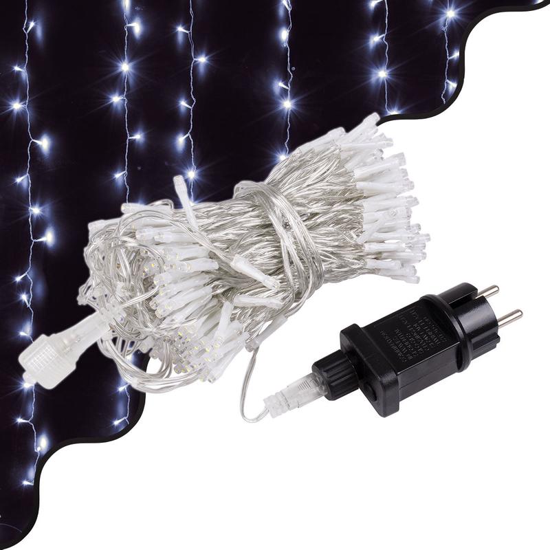 85828 Decorative Curtain 3 x 3 Meters with Controller 8 Lighting Programs - Expandable 300 LED 3.6W AC 230V with Transparent Cable & Schuko Socket Waterproof IP44 Cool White 6000K L3 x H3m - Default T