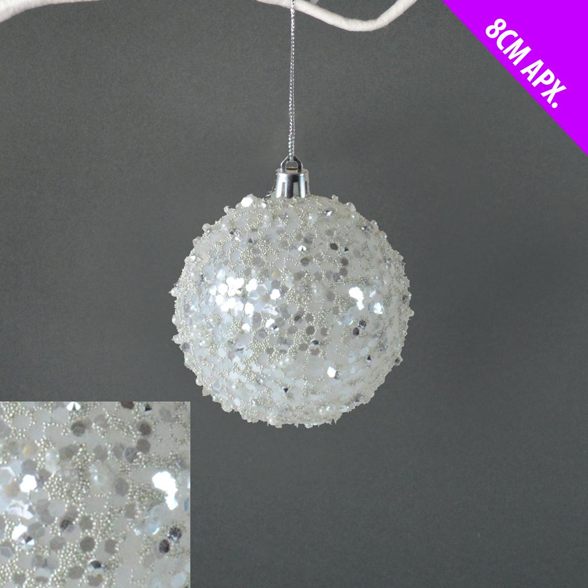 8cm Pearl & Bead Bauble - White Sparkle