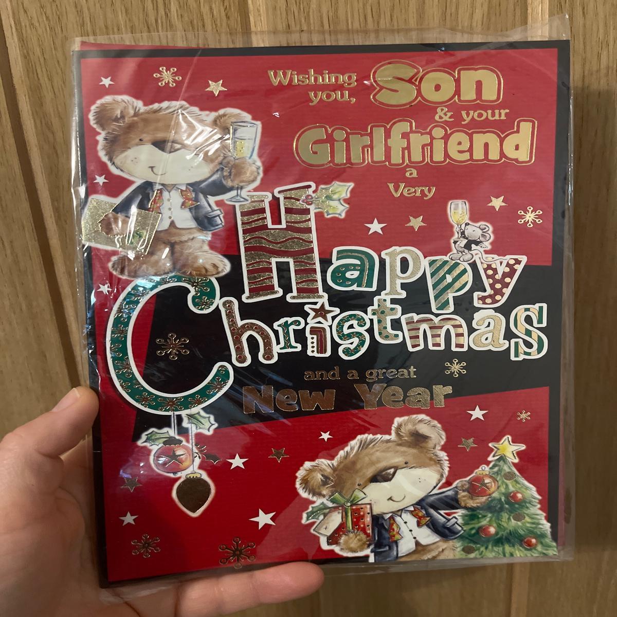 9x6 Christmas Card - Son & your Girlfriend - Red card with bears image