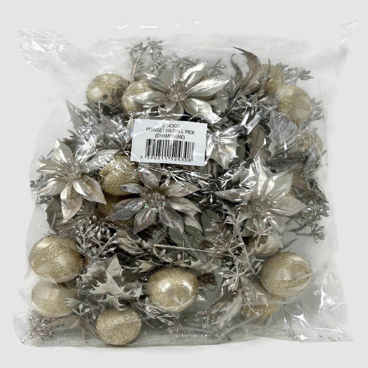 Champagne Gold Poinsettia Holly & Ball Pick x 12