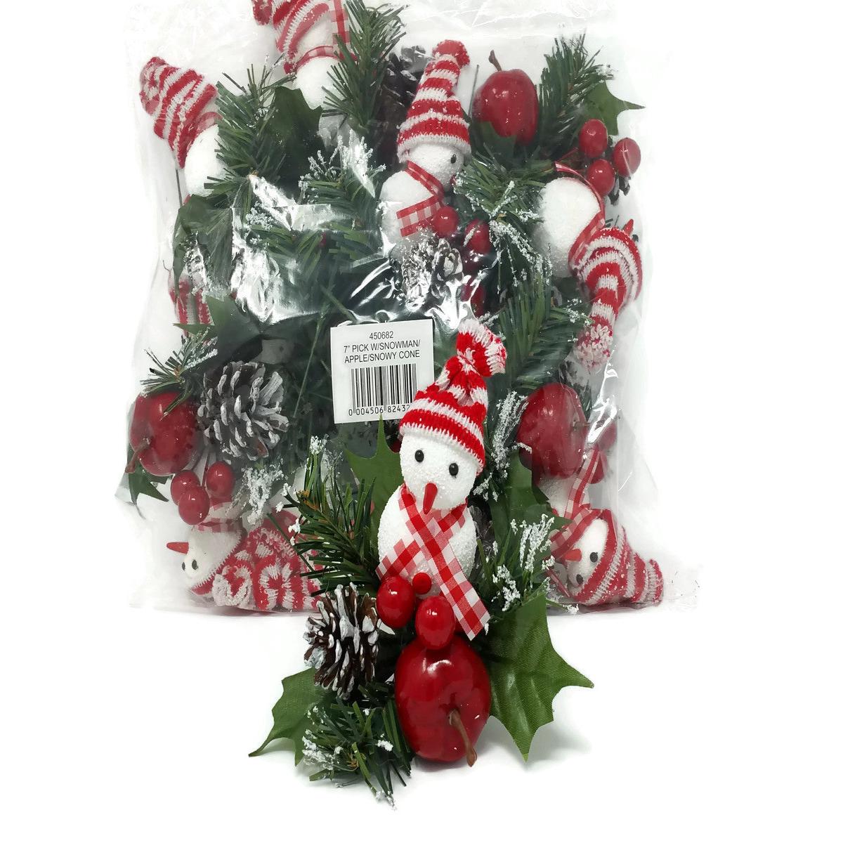 Christmas Snowman & Apple Pine Pick  x 18cm - Pack of 12 450682