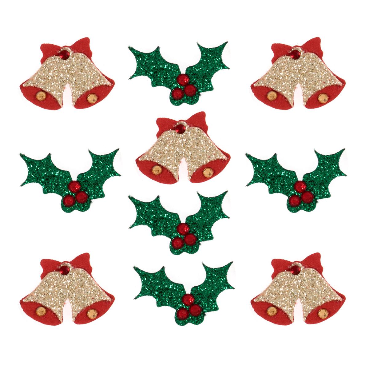 Craft Embellishments - Glitter Bells and Holly - 10 Pieces